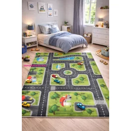   Den. Mile 5004-1 zöld-szürke 100 x 200cm autópályás gyerekszőnyeg