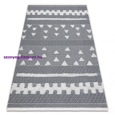 Fonott Sizal szőnyeg boho MOROC Geometriai 22321 rojt - két szintű gyapjú krém / сив, újrahasznosított szőnyeg 155x220 cm