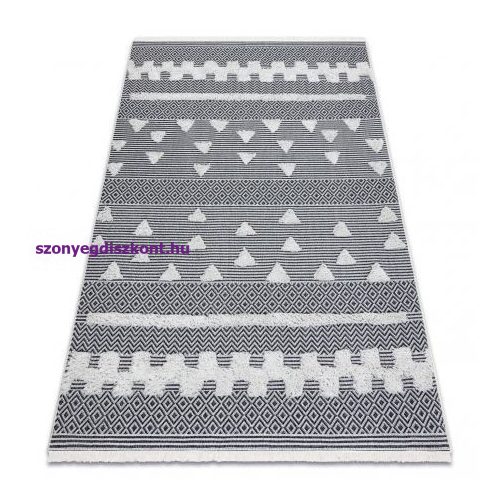 Fonott Sizal szőnyeg boho MOROC Geometriai 22321 rojt - két szintű gyapjú krém / сив, újrahasznosított szőnyeg 194x290 cm