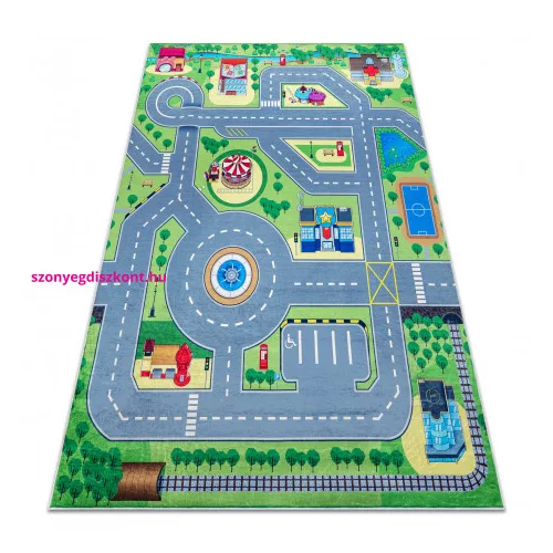 Kab. BAMBINO 9028 mosható szőnyeg Város, utcák gyerekeknek csúszásgátló - zöld / szürke 80x150 cm