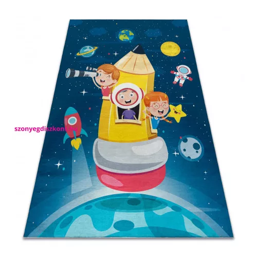 Kab. BAMBINO 42810 mosható szőnyeg Rakéta, bolygók gyerekeknek csúszásgátló - kék / barna  120x170 cm