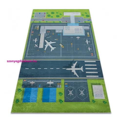 Kab. BAMBINO 46990 mosható szőnyeg Repülőtér, repülőgépek gyerekeknek csúszásgátló - zöld / szürke 160x220 cm