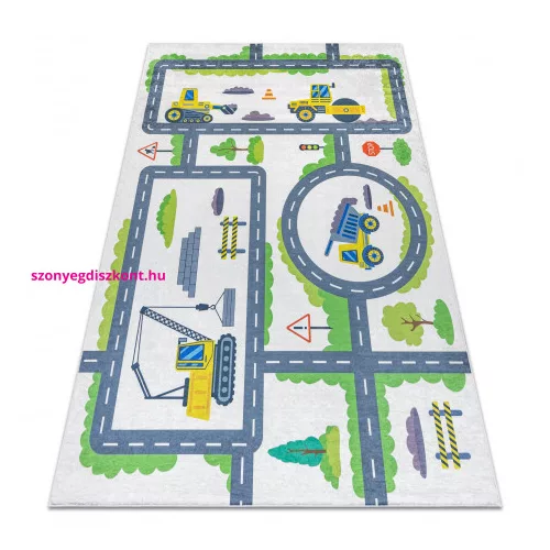 Kab. BAMBINO 2338 mosható szőnyeg Kotrógép gyerekeknek csúszásgátló - fehér / zöld 200x290 cm
