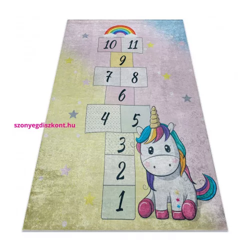 Kab. BAMBINO 54060 mosható szőnyeg Egyszarvú, komló gyerekeknek csúszásgátló - rózsaszín / sárga 200x290 cm