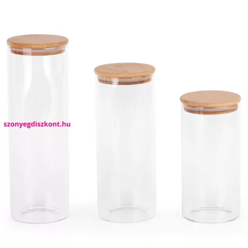 Pola 3db-os üveg tárolóedény szett fa fedéllel - 1400/1700/2000 ml
