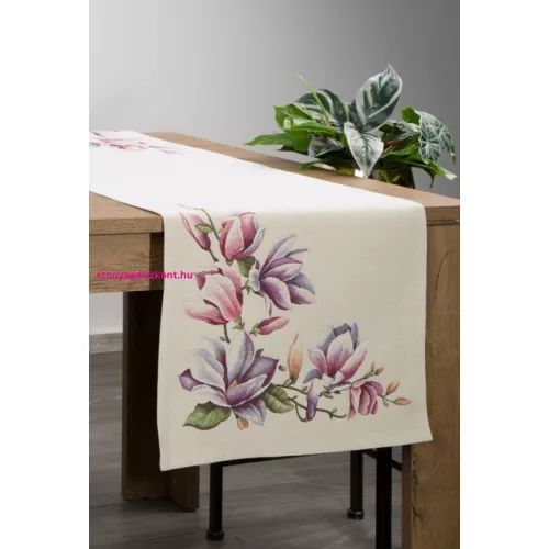 Magnólia virágmintás gobelin asztali futó Natúr 45x140 cm +/-5%