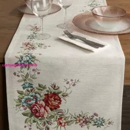   Virágmintás gobelin asztali futó zsenília fonalból Natúr 40x100 cm