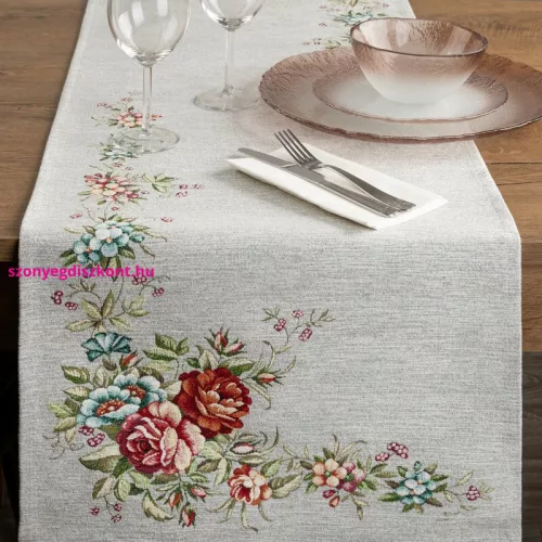 Virágmintás gobelin asztali futó zsenília fonalból Szürke 45x140 cm +/-5%