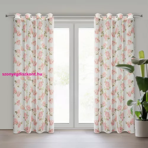 Mela rózsa mintás etamin függöny arany nyomattal Fehér 140x250 cm