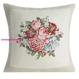   Gobelin párnahuzat zsenília fonalból piros és kék virágokkal Natúr 45x45 cm +/-5%