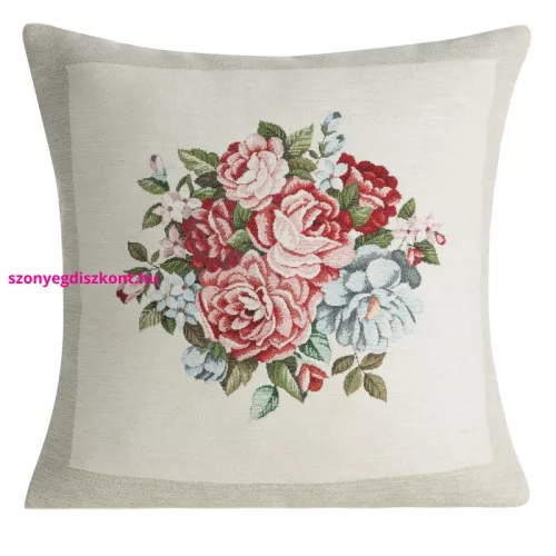 Gobelin párnahuzat zsenília fonalból piros és kék virágokkal Natúr 45x45 cm +/-5%