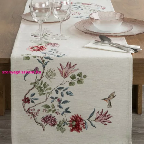 Egzotikus virágmintás gobelin asztali futó zsenília fonalból Natúr 40x100 cm