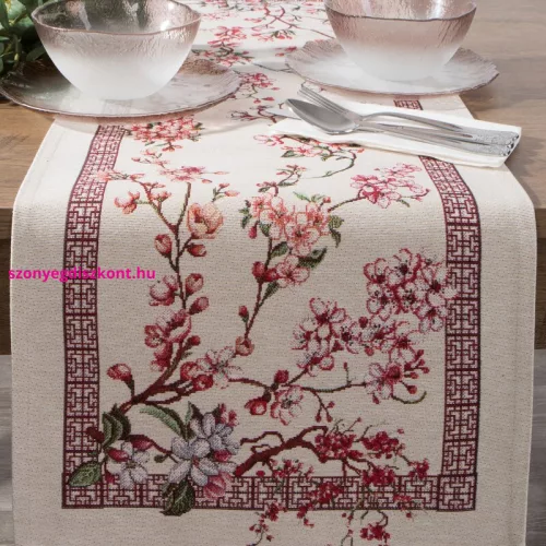Gobelin asztalterítő japán cseresznyevirágokkal Natúr 40x100 cm +/-5%