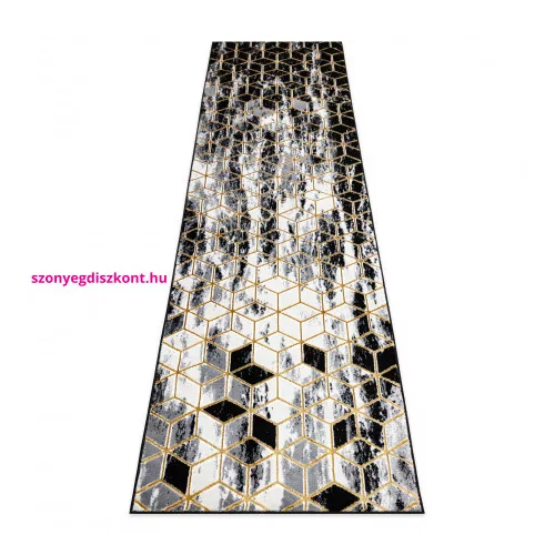 TOP! Kab. Modern GLOSS szőnyeg, futószőnyeg 409A 82 Kocka elegáns, glamour, art deco fekete / szürke / arany 60x300 cm